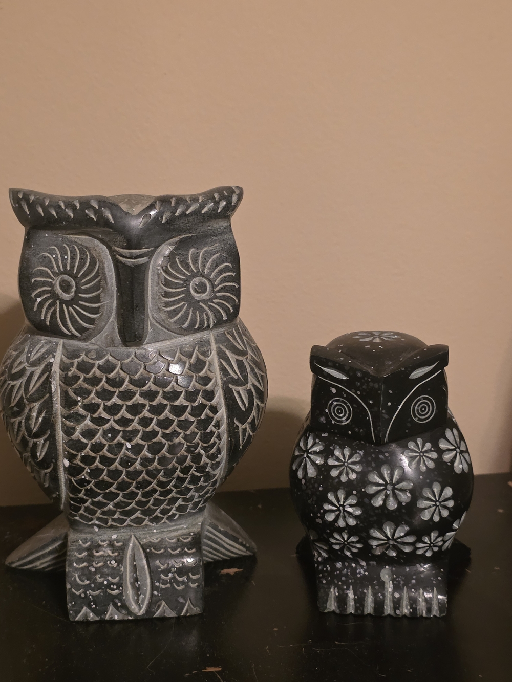 Carved Stone Owl Figurines - Black and Gray
